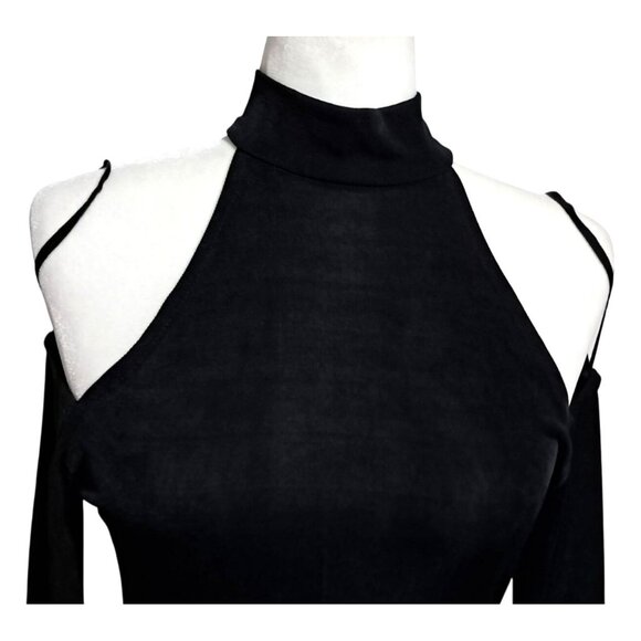 Black Bodycon Maxi Dress Womens L Brief Encounter Cold Shoulder High Neck Long S - Picture 5 of 13
